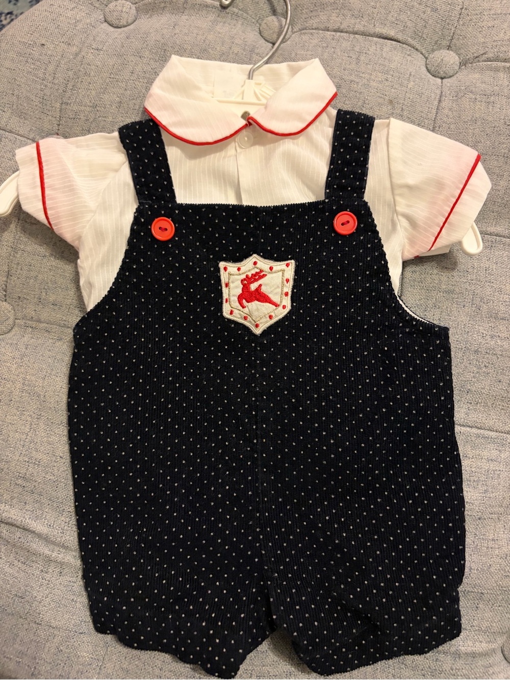 Vintage Mayfair Navy Dotted Cotton Baby Romper with Red Accent